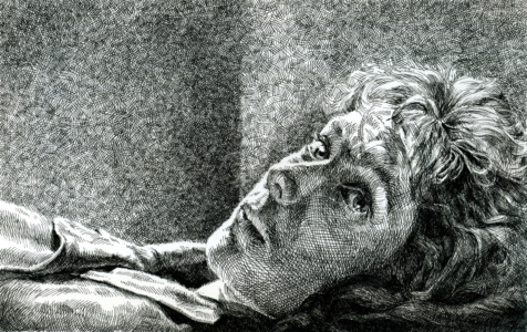 Portrait in bed, inkdrawing with crosshatching