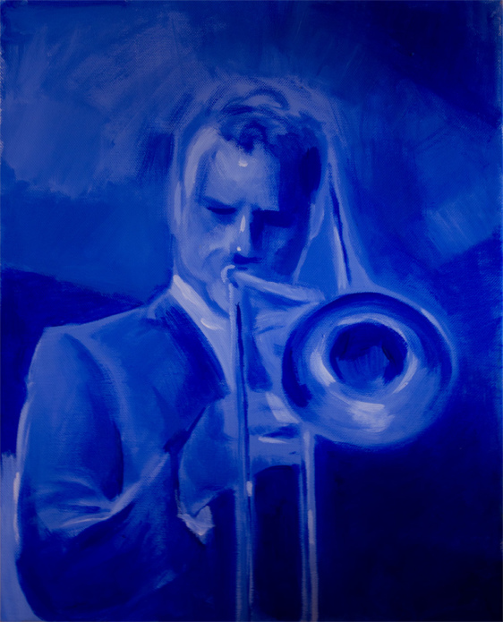 Blue trombone player