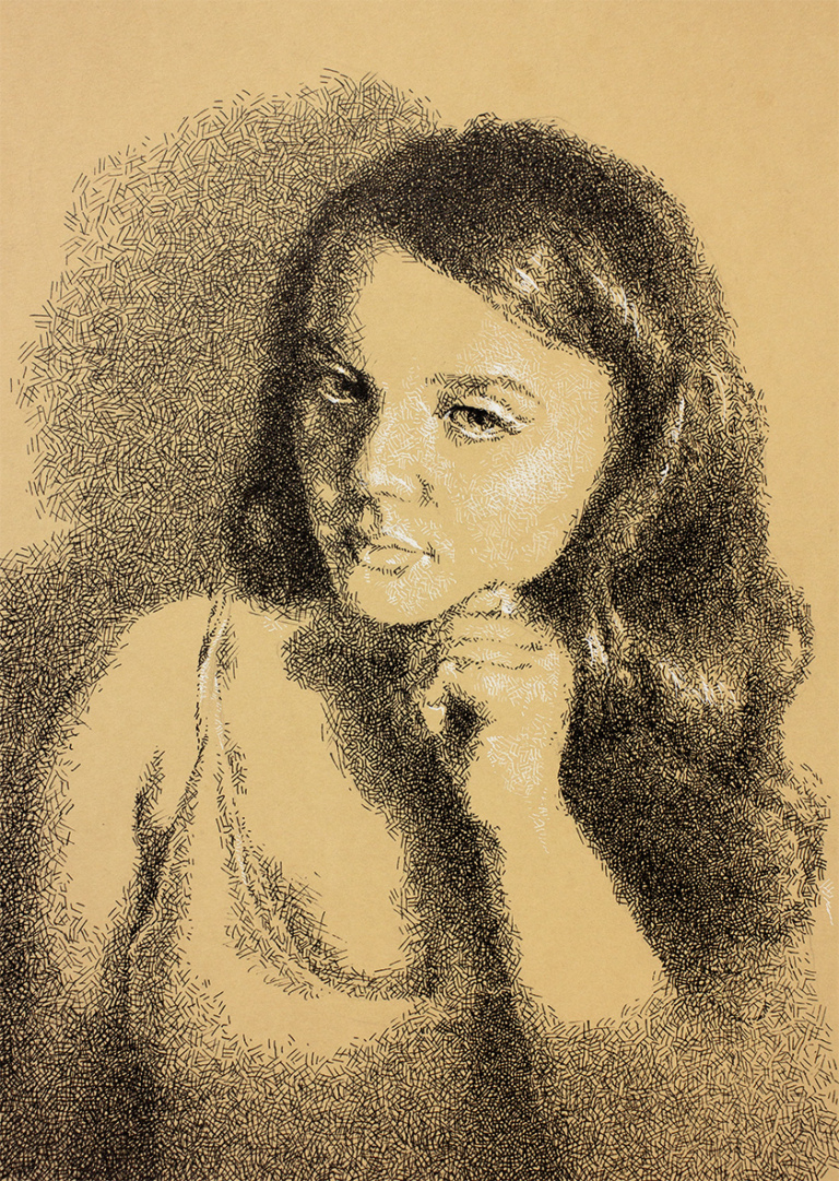 Portrait drawing on toned paper